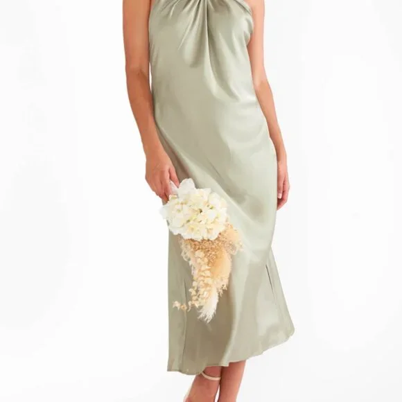 SHOW ME YOUR MUMU Jasmine Halter Midi Dress In Moss Green Luxe Satin - Picture 4 of 6